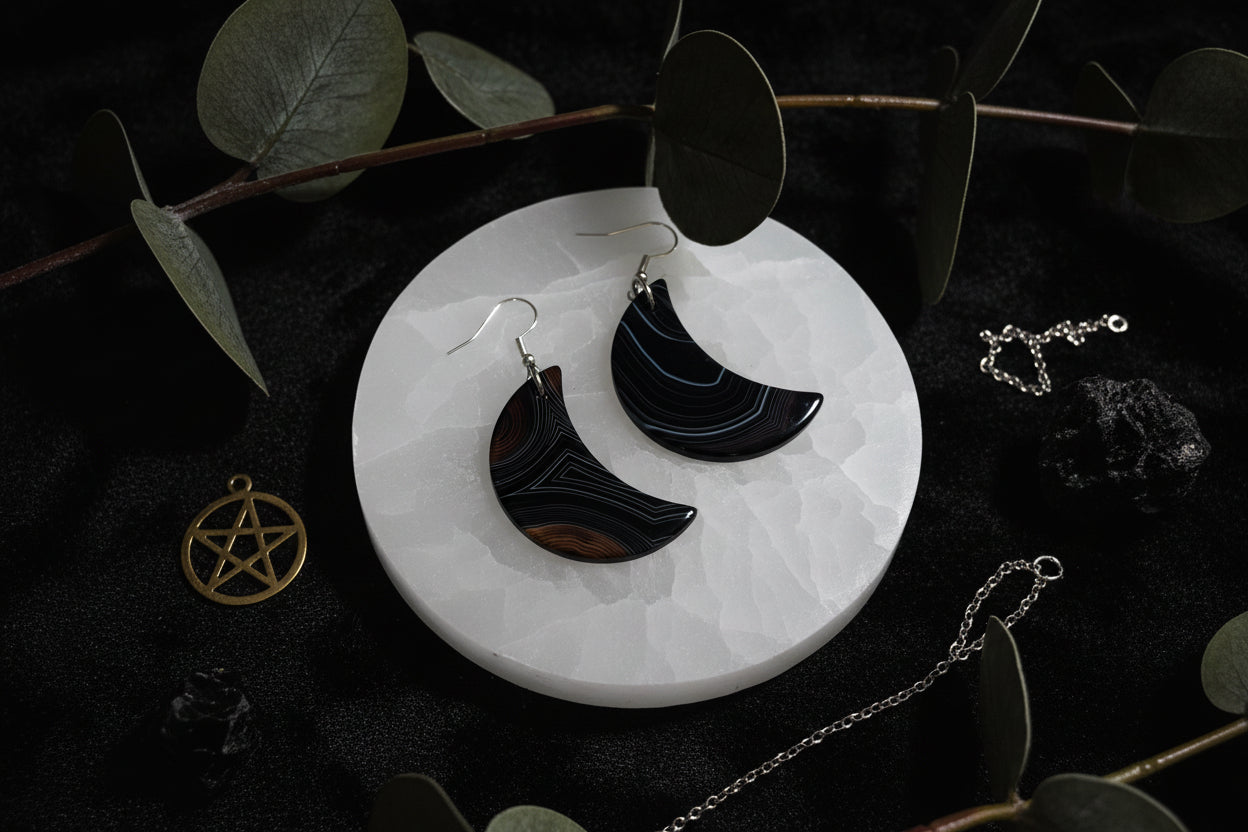 Black Agate Moon Earrings