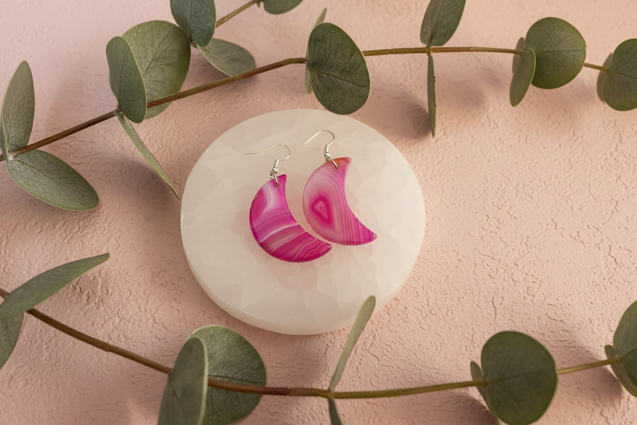 Pink Agate Moon Earrings #1