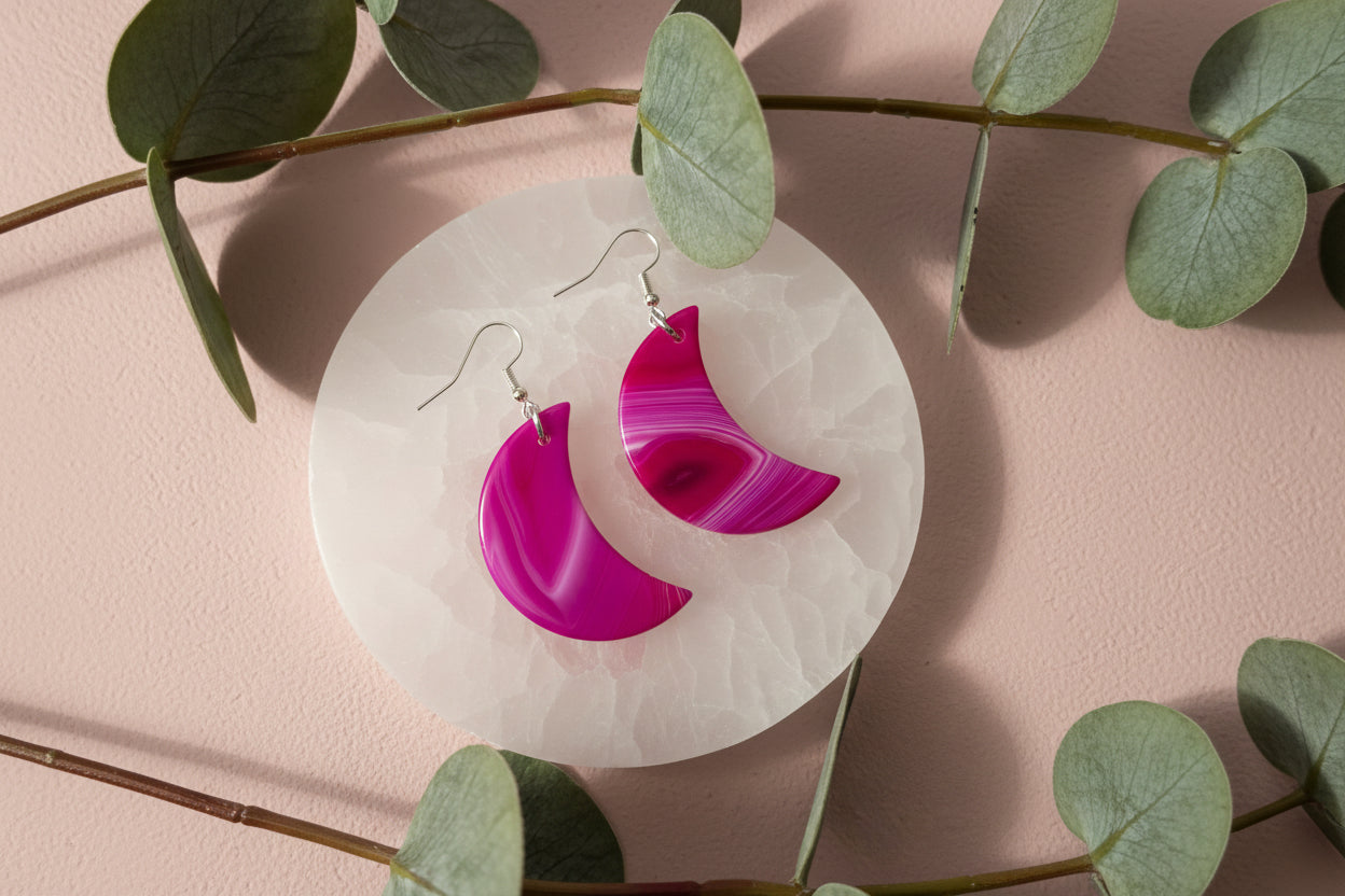 Pink Agate Moon Earrings #2