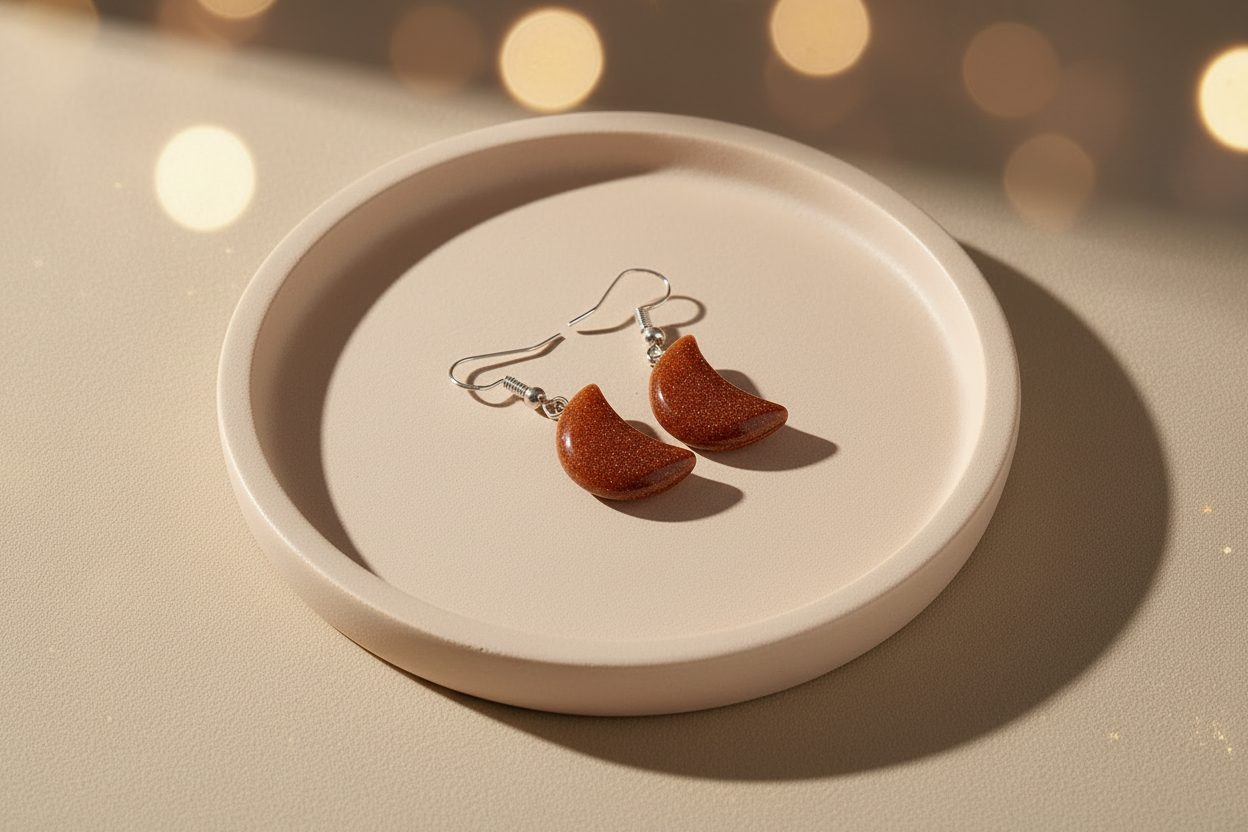 Crescent-shaped earrings with goldstone texture on a light gray background