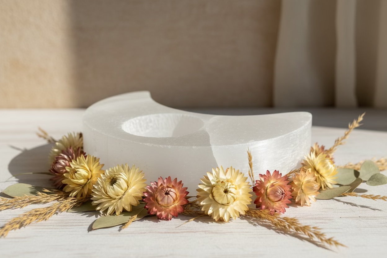Selenite (Satin Spar) Moon Candle Holder