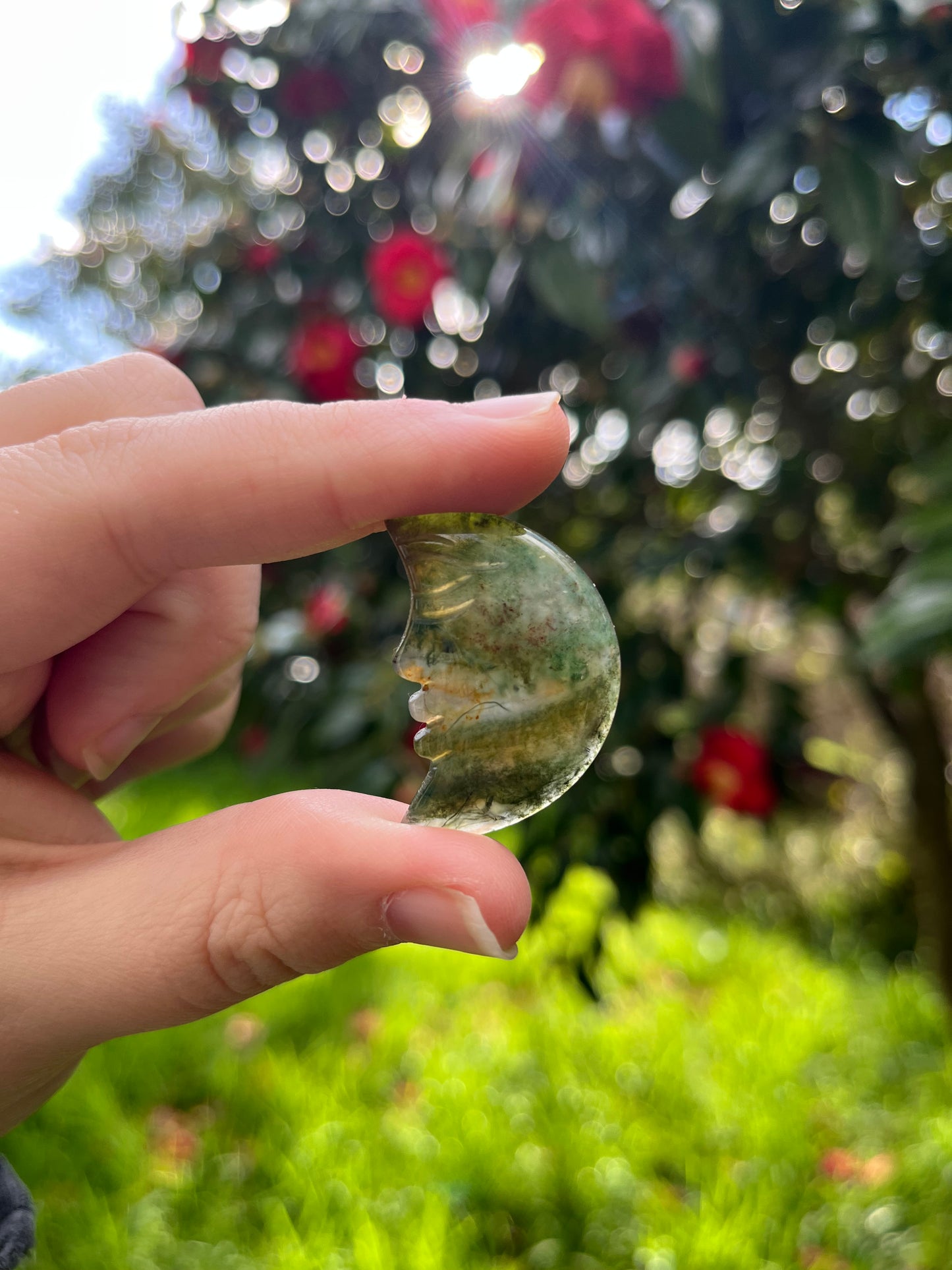 Moss Agate Moon Carving