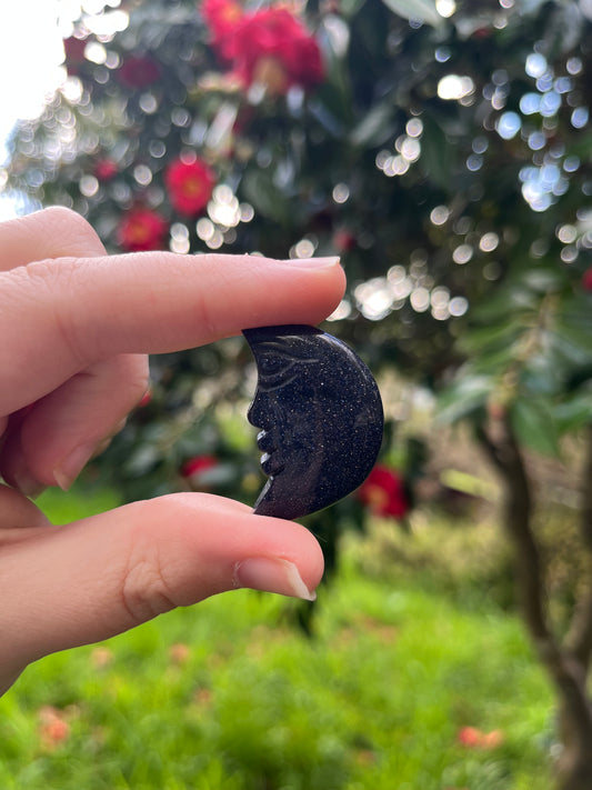 Blue Goldstone Moon Carving